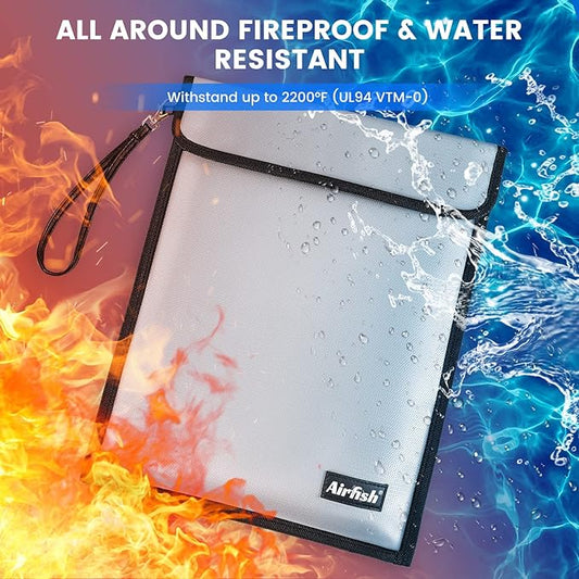 Upgraded 2 Pockets Fireproof Document Bag (5200℉), 15 x 11.5 Inches Non-ltchy Silicone Coated Fireproof and Waterproof Bag, Fireproof Folder for Important Document, Money, Jewelry, Watch, Passport