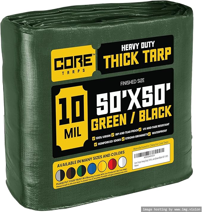 Core Tarps Heavy Duty 10 Mil Tarp Cover, Waterproof, UV Resistant, Rip and Tear Proof, Poly Tarpaulin with Reinforced Edges for Roof, Camping, Patio, Pool, Boat (Green/Black 50′ X 50′)
