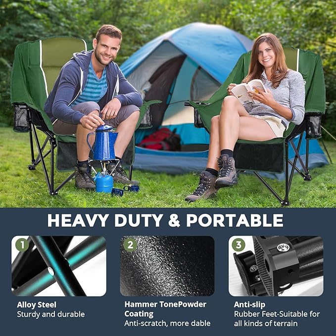 Oversized Folding Camping Chair for Adults Heavy Duty Padded Outdoor Chairs Big and Tall XL Picnic Chair with Cup Holders 400lb Capacity, Comfy for Lawn Sports and Outside Use