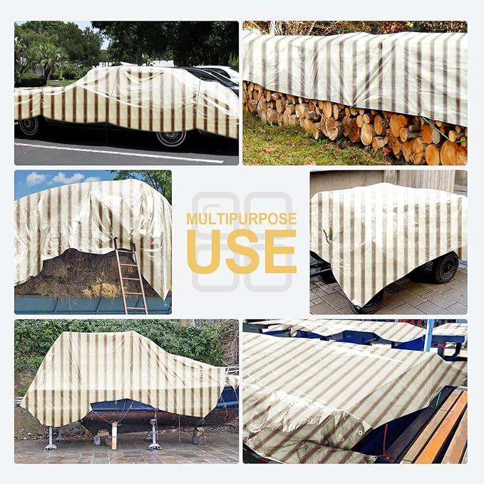 Tarp Heay Duty Waterproof 8x10ft,Stripe Tarp Cover Plastic Poly Tarpaulin for Outdoor Cover,Emergency Rain,Roof, Pool, Boat,Camping - Multipurpose with 20Mil Thickness