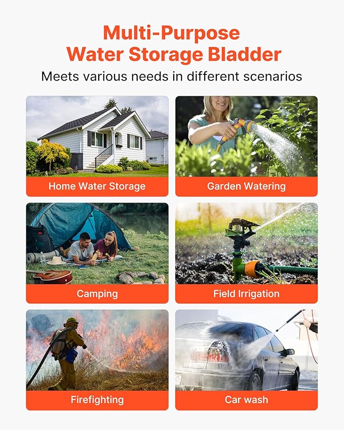VEVOR Water Storage Bladder, 264 Gallon (1000L) Water Storage Container Tank, 1000D PVC Large Capacity Soft Bag Bladder, Collapsible Portable for Garden Irrigation, Camping, RV, Emergency Use - Black