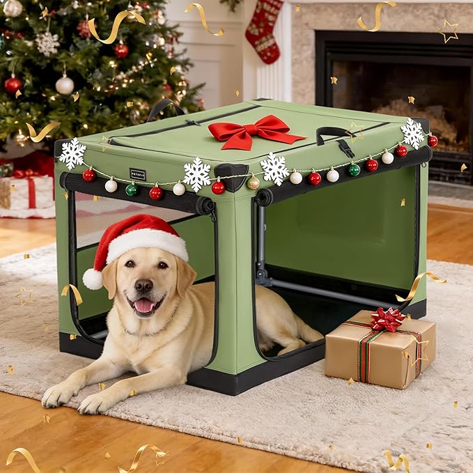 PETSFIT Collapsible Dog Crate, with Patented Adjustable Fabric Cover, Chewproof & Lockable Mesh Doors, Waterproof Base Soft Sided Kennel Green 40 Inch