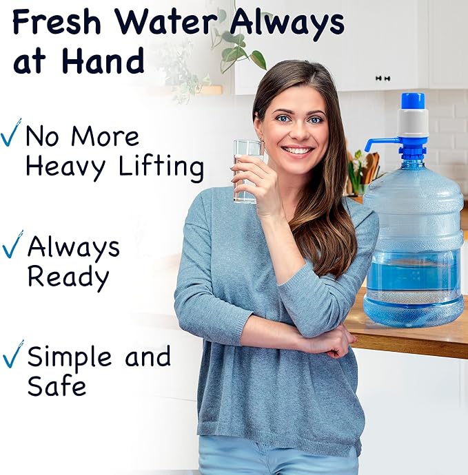 Manual Water Pump for 5 Gallon Bottle – Universal Fit for Crown Top and Screw Top Jugs - Adjustable Tubs, Protective Spout Cap, Cleaning Brush, BPA-Free Food-Grade Materials – 5 Gallon Water Pump
