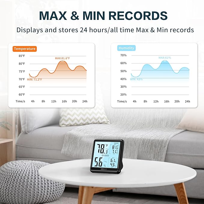 DOQAUS Digital Hygrometer Indoor Thermometer for House, Room Thermometer with 3s Fast Refresh & Max Min Records, Temperature Humidity Monitor Meter with Backlight, Black