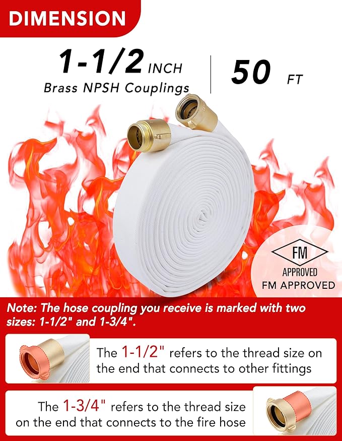ZYfire Fire Hose - 1-1/2" ID x 50 FT Double Jacket TPU Firefighter Hose with M x F NPSH Brass Couplings 1200 PSI Burst Pressure Lightweight for Firefighting & Residential Use