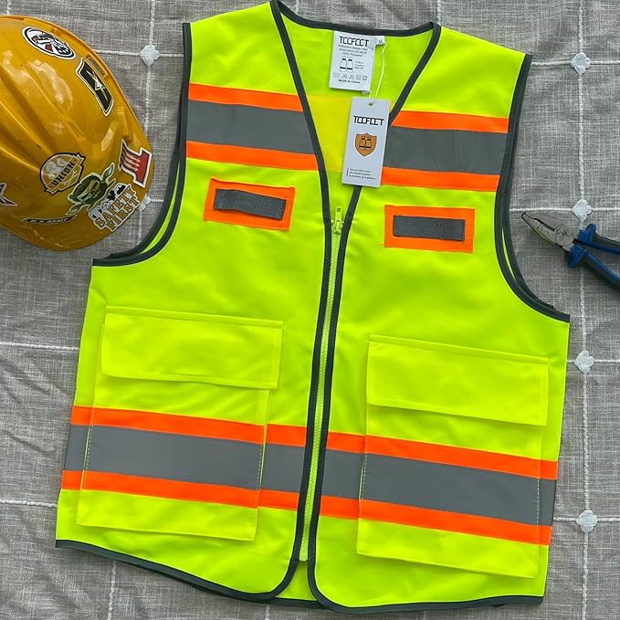 TCCFCCT High Visibility Vest with Pockets Reflective Safety Vest for Men Women, Construction Vest with Fluorescent Orange Extend Edge, Meets ANSI/ISEA Standards, Yellow, S
