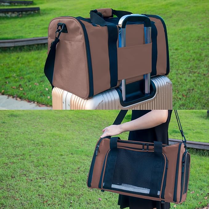 Soft Sided Carrier for Small Medium Cats Dogs,Removable Pad Collapsible Travel Pet Carrier Large Brown