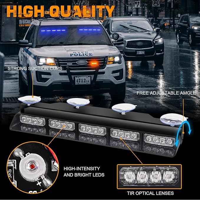 XRIDONSEN 2x 17 inch Blue Emergency Lights Bar 40 LED Dash Strobe Lights Interior Front/Rear Windshield Lights Safety Flashing Warning Hazard Light for Ambulance Firefighter Police Vehicles Trucks Car