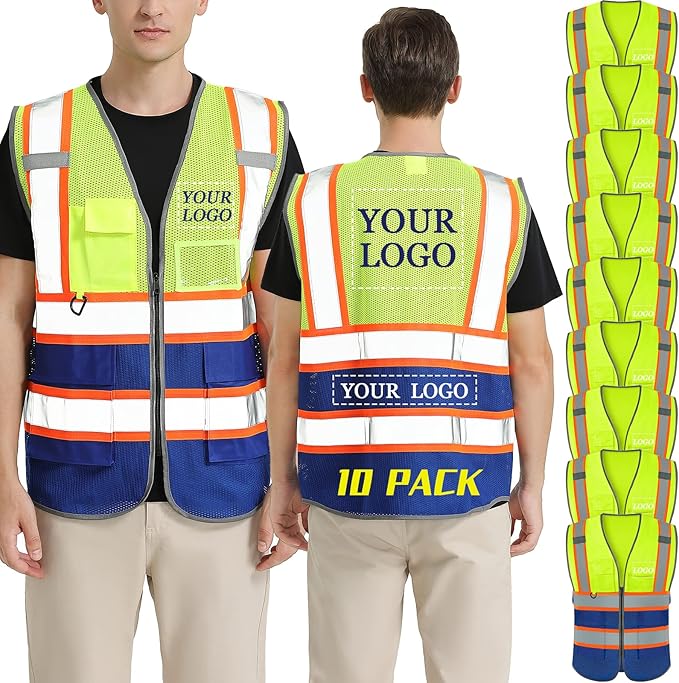 BeautyWill 10 Pack Custom Logo Safety Vest ANSI Class 2 High Visibility Reflective Vest Personalized Construction Vest Bulk