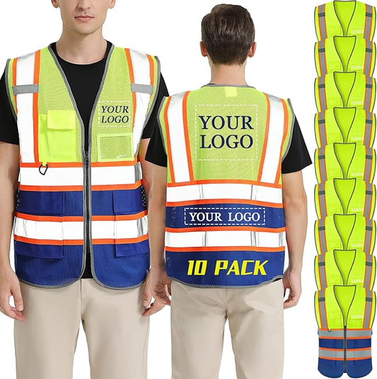 BeautyWill 10 Pack Custom Logo Safety Vest ANSI Class 2 High Visibility Reflective Vest Personalized Construction Vest Bulk