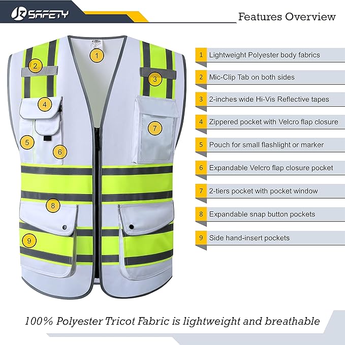 JKSafety 9 Pockets High Visibility Zipper Front Safety Vest | White with Dual Tone High Reflective Strips | Meets ANSI/ISEA Standards (901-White, Large)