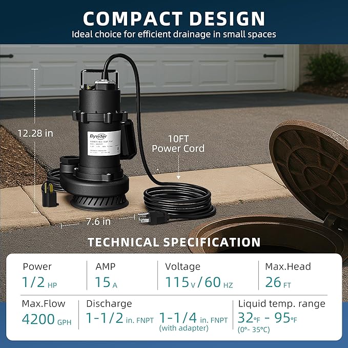 1/2 HP Sump Pump, 4200 GPH High Flow, 26 FT Lift, 115V Cast Iron Sewage Pump with Automatic Float Switch and Manual Control, Heavy Duty Sewage/Effluent Pump for Basement, 10 FT Power Cord