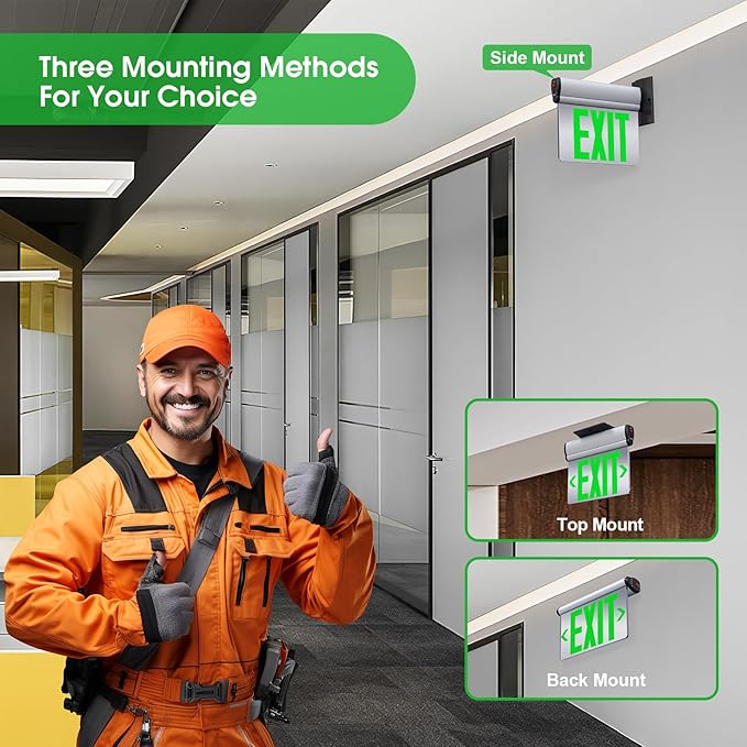 Led Edge-Lit Exit Sign ,Brushed Aluminum Housing Double-Sided Mirrored Rotating Acrylic Panel,Hardwired Emergency Exit Signs with Battery Backup, 120V-347VAC,Green Led Emergency Exit Light for Business , UL Listed,Top/Side/Wall Mount ( 1 Pack)