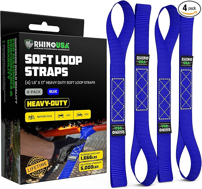 Rhino USA Soft Loop Tie Down Straps (4-Pack) - 1.6 Inch x 17 Inch (5,000 lbs Break Strength) Heavy Duty Motorcycle Handlebar Straps for use with Ratchets for ATV, UTV, Dirt Bike (Blue)