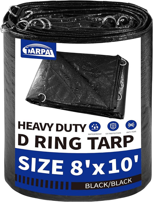 TARPAL Tarp 8x10 Feet Heavy Duty Tarps 14mil D-Ring Waterproof Tarp for Outdoors UV Protection Triangular Sewing Design Reinforced Corners and Edges（Black）