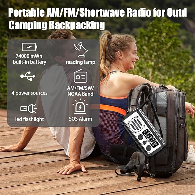 Emergency Radio, 20000mAh/74000mWh Weather Radio, Solar Hand Crank Radio with AM/FM/NOAA/SW Weather,Flashlight & Reading Lamp, SOS Alarm, Phone Charger for Indoor Outdoor Emergency