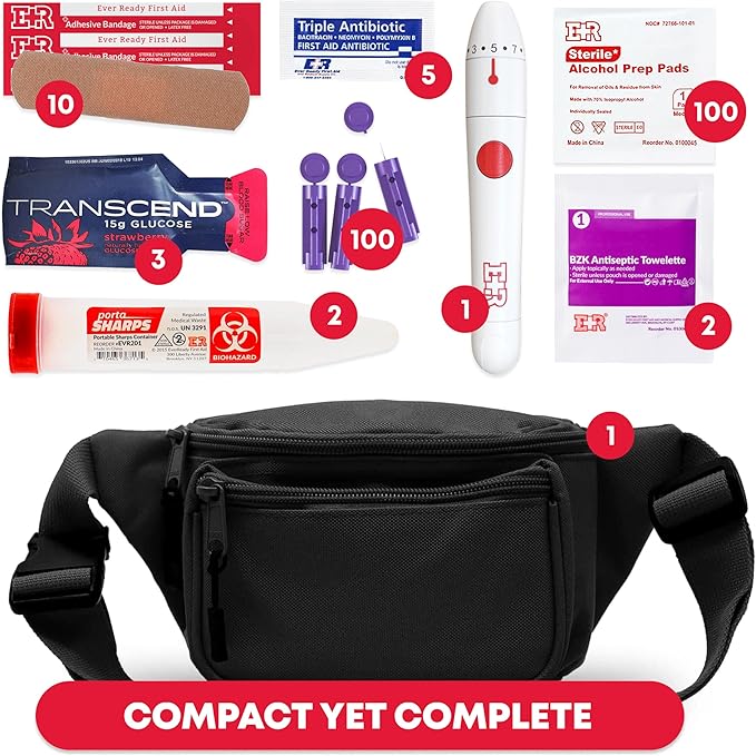 Ever Ready First Aid Diabetic Fanny Pack Kit - Includes BZK Antiseptic Towelettes, Adhesive Bandages, Lancing Device, Sharp Container, Portable Emergency Supplies for Diabetes Care