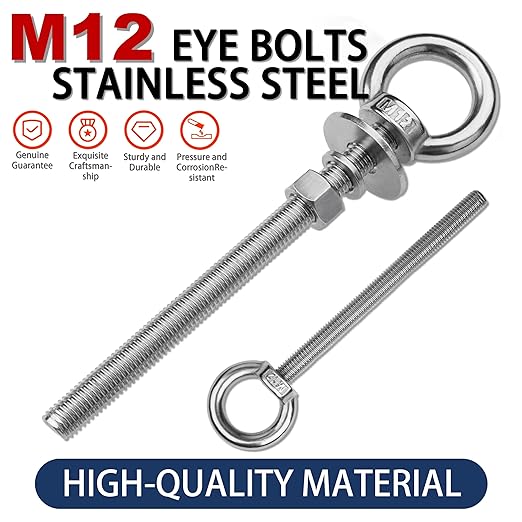 4 Pack M12 Stainless Steel Eye Bolts with Nuts, 1/2" x 6" Long Lifting Ring Eye Bolt， Eye Bolts Heavy Duty for Hang Tie Down Outdoor (4, M12x153mm (1/2"x6"))