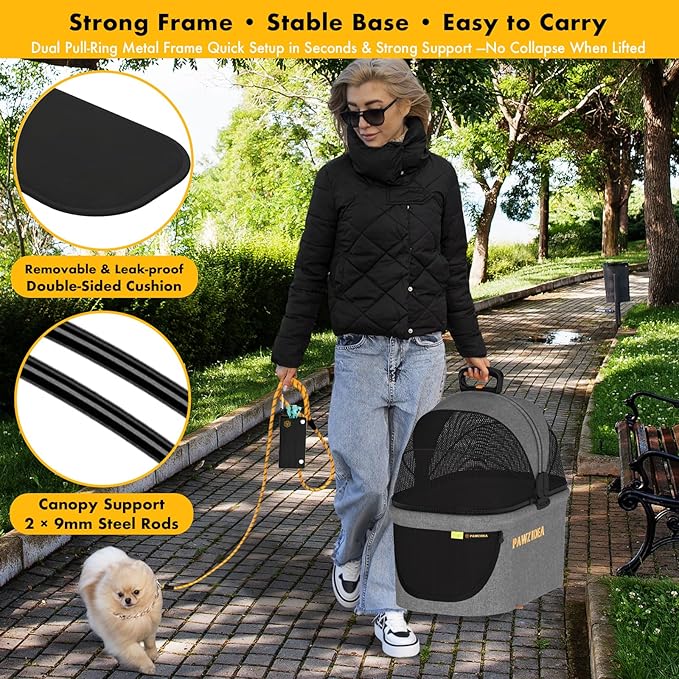 PAWZIDEA Portable Small Dog Crate for Car Travel, Enclosed Pet Car Seat for Small/Medium Dogs & Cats up 33 lb, Reversible No-Zip Canopy, Soft-Sided Pet Carrier Basket, Foldable Dog Kennel, Metal Frame