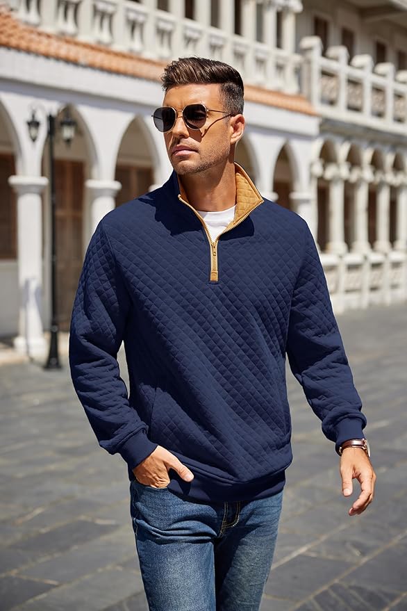 COOFANDY Mens Quarter Zip Pullover Quilted Sweatshirt Knit Long Sleeve Mock Neck Sweater Polo with Pocket