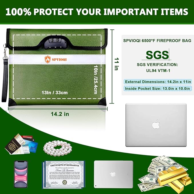 Upgraded 6500°F Fireproof Document Bag with Lock, Fireproof Money Bag for Cash w. Zipper/Reflective Strip, 10Layers of Heat Insulated Materials, Water Resistant Fireproof Bag for Documents, Fire Bag