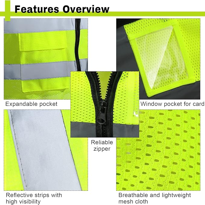 JaGely 50 Pack Reflective Safety Vests with Pockets, High Visibility Mesh Construction Vest for Men Women, Neon Yellow, Size L