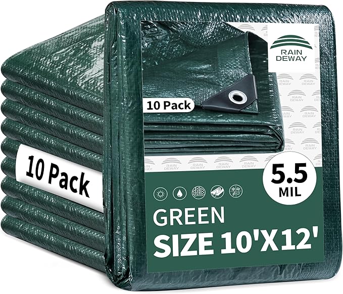 RAINDEWAY Tarps 10x12 Feet(10 Pack),Tarp Waterproof,5.5 Mil Thick, Multipurpose Waterproof Poly Tarp Cover with Metal Grommets and Reinforced Edges,Green Tarps