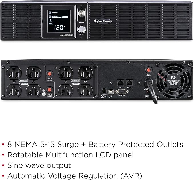 CyberPower OR1500PFCRT2U PFC Sinewave Battery Backup and Surge Protector, 1500VA/1050W, 8 Outlets, AVR, 2U Rack/Tower, UL Certified