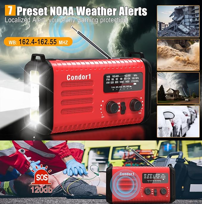 Emergency Weather Radio, 20000mAh Solar Hand Crank NOAA AM FM Radio, Battery Powered, SOS Alarm, LED Reading Lamp & Flashlight for Home Hurricane Outdoor Survival (Red)