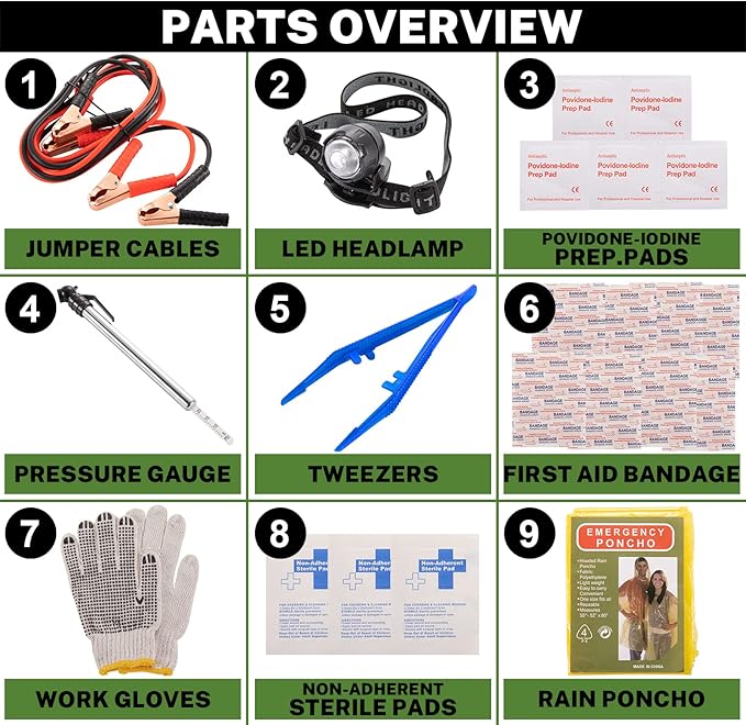 Car Roadside Emergency Kit with Battery Jumper Cables,Car Accessories for Men or Women,Automotive Safety Kit for Car,Vehicle,Truck or SUV,Gifts for Men or Him,Camouflage