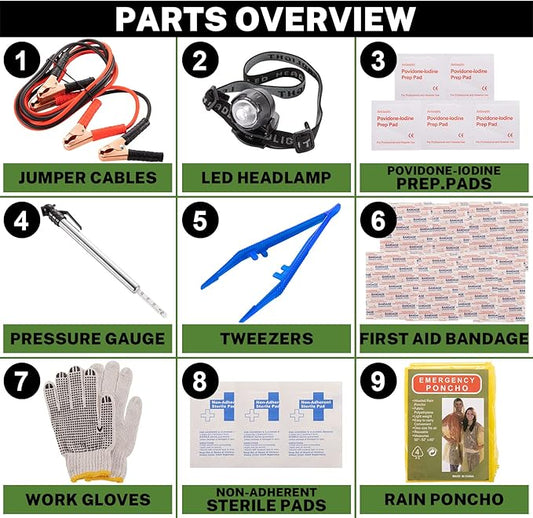 Car Roadside Emergency Kit with Battery Jumper Cables,Car Accessories for Men or Women,Automotive Safety Kit for Car,Vehicle, Truck or SUV,Gifts for Men or Him,Red