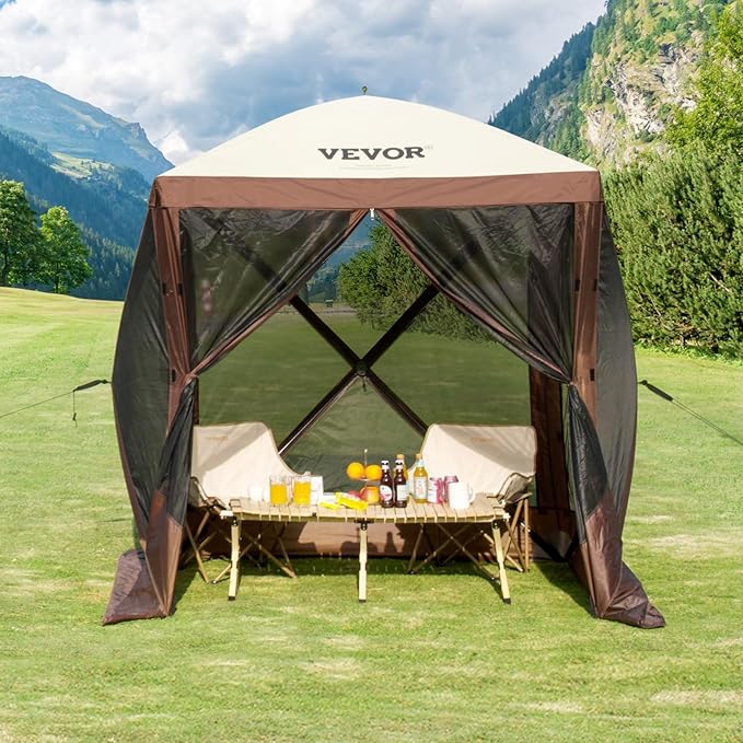 VEVOR Pop Up Gazebo Tent, Pop-Up Screen Tents 4 Sided Canopy Sun Shelter with 4 Removable Privacy Wind Cloths & Mesh Windows, 6x6FT Quick Set Screen Tent with Mosquito Netting, Brown