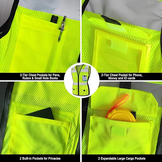 TCCFCCT Safety Vest for Women 11 Pockets Mesh Reflective Vest with Zipper, High Visibility Neon Construction Work Vest for Lady Workers/Drivers, Snug-Fit & Durable, ANSI Compliant, Yellow M