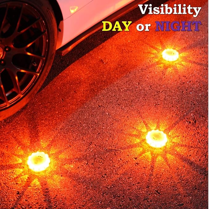 Marcala LED Road Flares Emergency Lights 6‑Pack | Roadside Safety Disc & LED Safety Flare | Roadside Hazard Emergency Kit w/Boat Flare Kit | Batteries, Case & Whistle Included | Feel Safe on Road