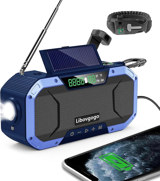 Emergency Radio Waterproof Bluetooth Speaker,Portable Digital AM FM Radio with 5000mAH Cell Phone Charger,Flashlight,Reading Lamp,Hand Crank NOAA Weather Radio with Solar Panel,Emergency Survival Kit