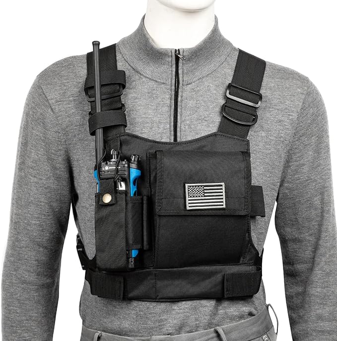 LUITON Radio Chest Harness with Reflective Strips Shoulder Holster Radio Vest Holder Two Way Radio Vest Rig Walkie Talkie Case with Front Pack Pouch for Motorola/Midland/Baofeng/Retevis