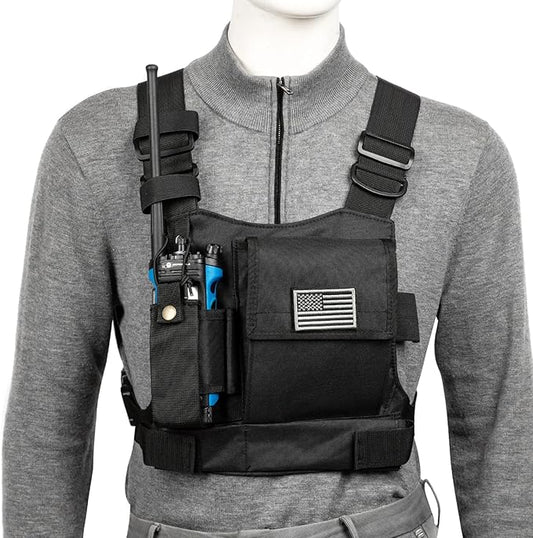 LUITON Radio Chest Harness with Reflective Strips Shoulder Holster Radio Vest Holder Two Way Radio Vest Rig Walkie Talkie Case with Front Pack Pouch for Motorola/Midland/Baofeng/Retevis