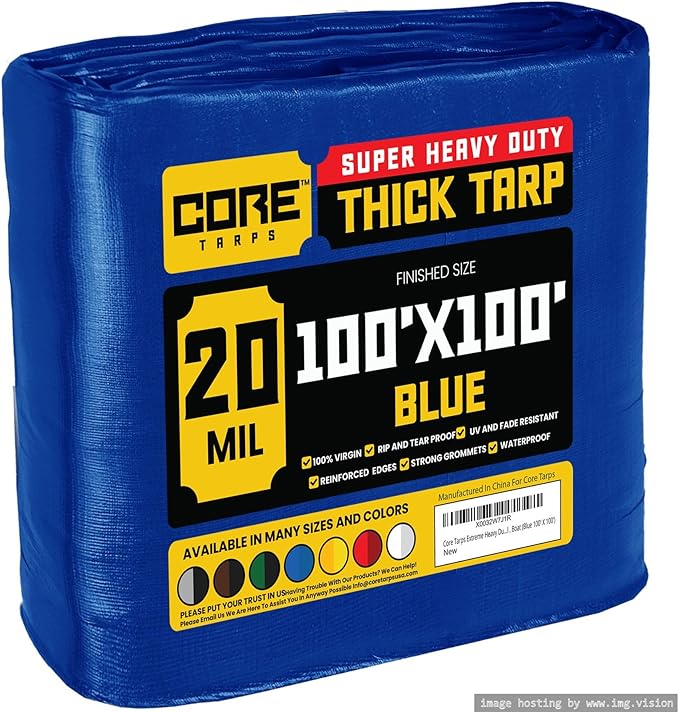Core Tarps Extreme Heavy Duty 20 Mil Tarp Cover, Waterproof, UV Resistant, Rip and Tear Proof, Poly Tarpaulin with Reinforced Edges for Roof, Camping, Patio, Pool, Boat (Blue 100′ X 100′)