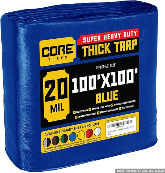 Core Tarps Extreme Heavy Duty 20 Mil Tarp Cover, Waterproof, UV Resistant, Rip and Tear Proof, Poly Tarpaulin with Reinforced Edges for Roof, Camping, Patio, Pool, Boat (Blue 100′ X 100′)
