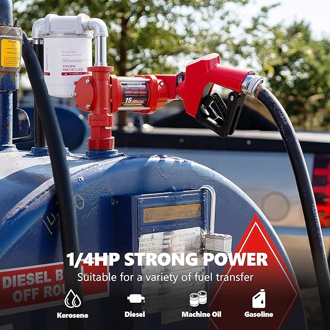 15GPM 12V Fuel Transfer Pump with Discharge Hose, Automatic Nozzle, Premium Filter Package, Suitable for Gasoline, Diesel, Kerosene, Ethanol & Methanol Blends
