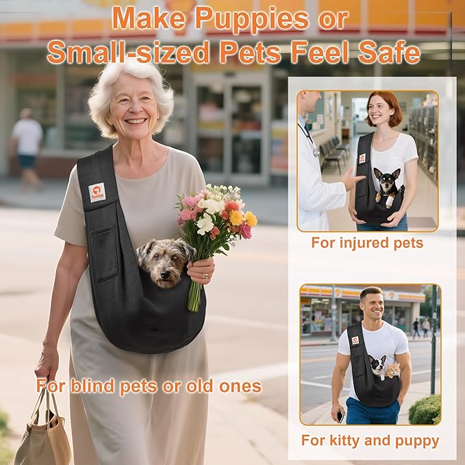 Tomkas Small Dog Sling Carrier - Classic Pocket & Classic Strap - for 3-10 lbs Pets(Black)