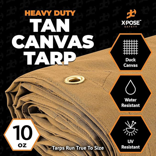 Xpose Safety Canvas Tarp - 10oz Tan Canvas Tarps Heavy Duty Water Resistant with Brass Grommets- Multipurpose Outdoor Tarpaulin for Camping, Canopy, Trailer, Equipment Cover 8' x 10' (2 Pack)