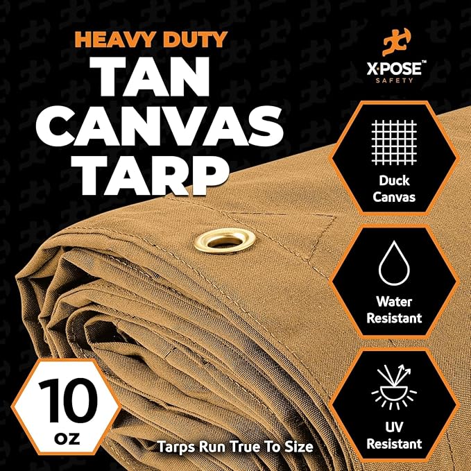 Xpose Safety Canvas Tarp - 10oz Tan Canvas Tarps Heavy Duty Water Resistant with Brass Grommets- Multipurpose Outdoor Tarpaulin for Camping, Canopy, Trailer, Equipment Cover 5' x 7' (2 Pack)