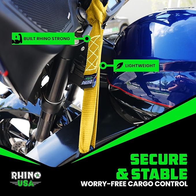 Rhino USA Soft Loop Tie Down Straps (4-Pack) - 1.6 Inch x 17 Inch (5,000 lbs Break Strength) Heavy Duty Motorcycle Handlebar Straps for use with Ratchets for ATV, UTV, Dirt Bike (Yellow)