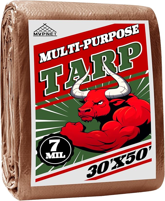 Tarp 30x50 ft 100% Waterproof 7mil Durable Grommets and Reinforced Edges,Uv Resistant,Green/Brown Tarp,Emergency Rain Shelter,Outdoor Cover and Camping Use -by MVPNET