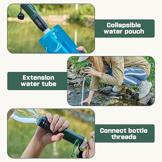 Personal Water Filter Kit for Hiking, Camping, Travel Water Filter Straw Outdoor Portable, Water Purifier Survival Gear and Equipment Army Green
