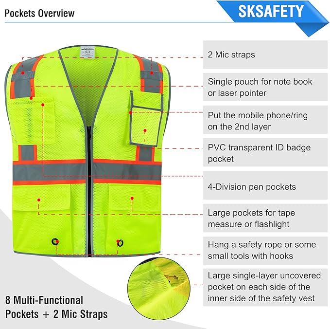 SKSAFETY 10 Pockets Safety Vest, Class 2 High Visibility Security with Zipper Double-sided mesh, Hi Vis Vest with Reflective Strips, ANSI/ISEA Standard, Construction Work Vest （Lime, 4XL）
