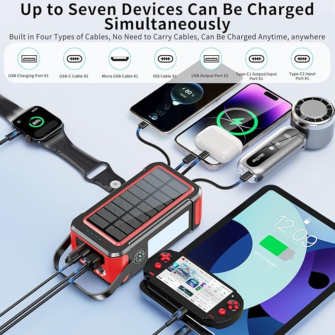 Ultra High Capacity Solar Power Bank 80000mAh, PD18W Solar Charger Power Bank with Built-in Cables, 4 Outputs & 2 Inputs, Outdoor Battery Pack with LED Flashlight for Outdoor Camping Survival (Red)