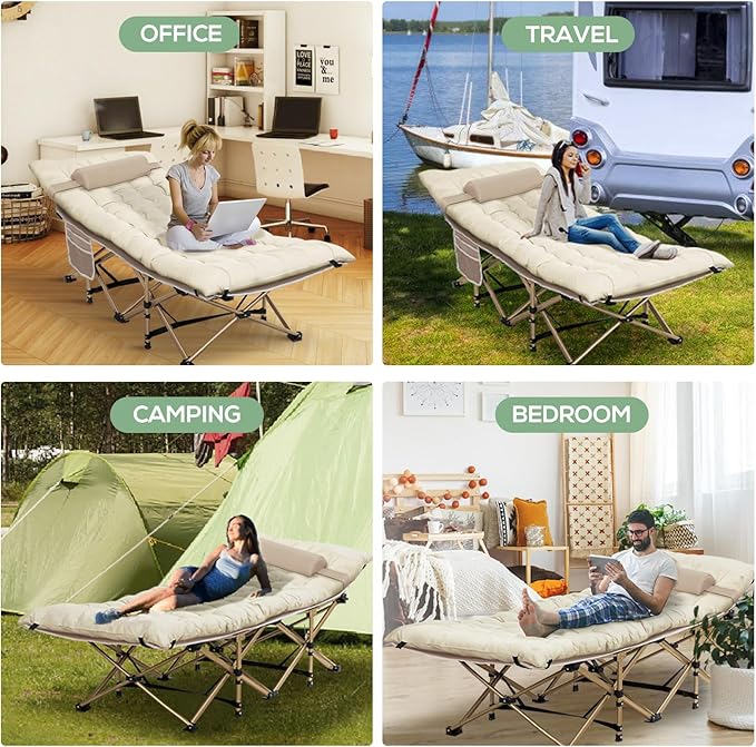 Wide Folding Camping Cots with Pillow & Extra Thick 3 Inch Matress, Cots for Sleeping 900 LBS, Camping Bed for Adults with Cushion, Sleeping Cot (Cream)