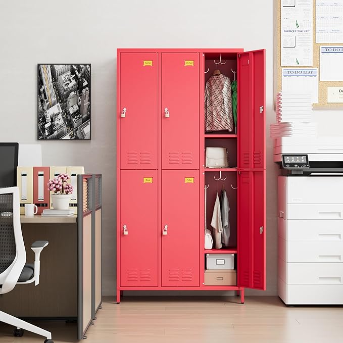 6 Doors Metal Locker Employee with Business Card Holder and 18 Hooks,Metal Locker for Employees with Ventilation Holes for Office Garage Gym Home,Assembly Required,Red